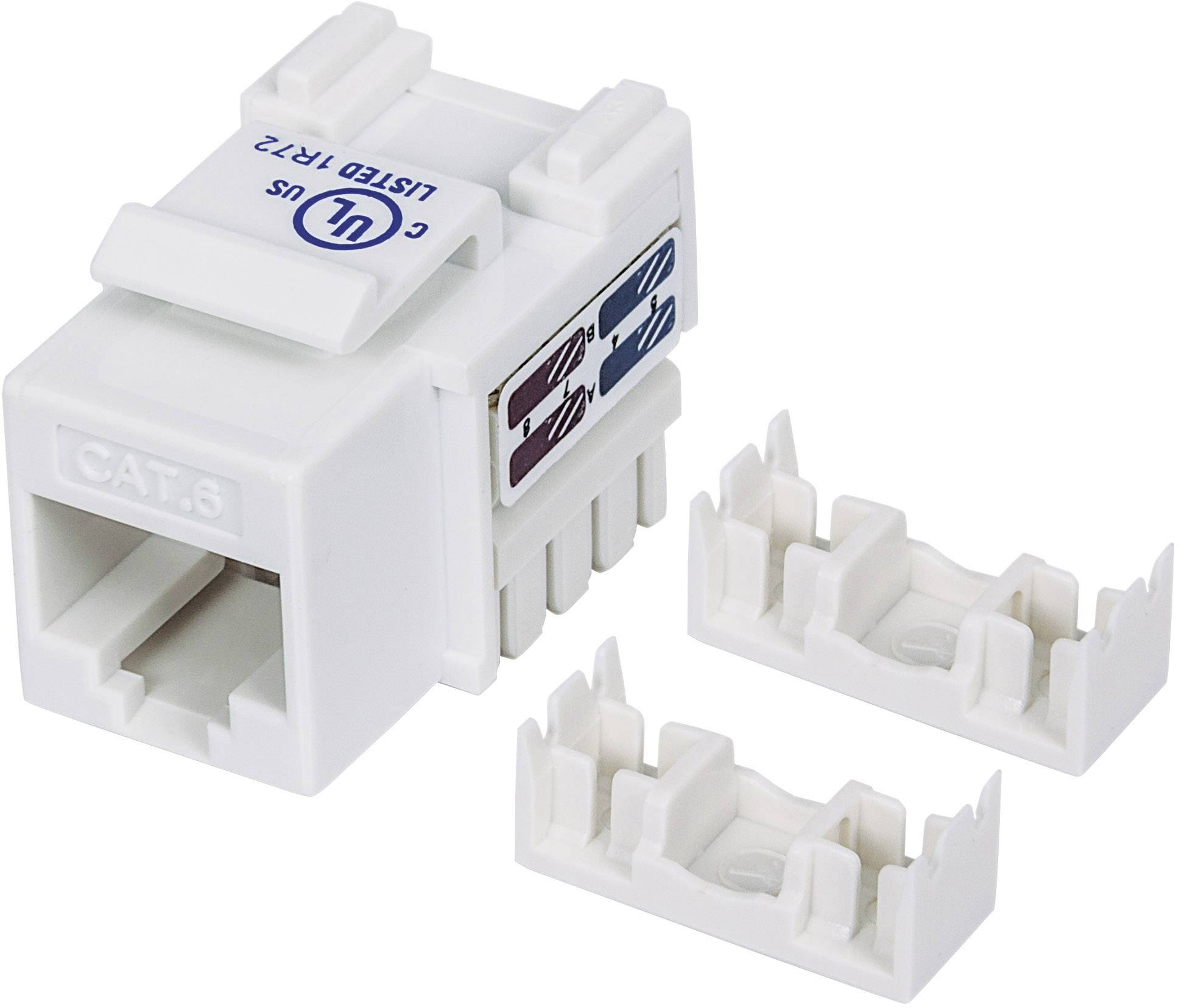 Keystone Jack CAT 6 in bianco con connessioni blu e nere. Adatto per installazioni di rete. Include due morsette per cavi bianche.