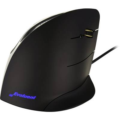 Mouse verticale ergonomico con connessione cablata, color grigio scuro, con due tasti visibili sul lato, marchio 'Evoluent'.