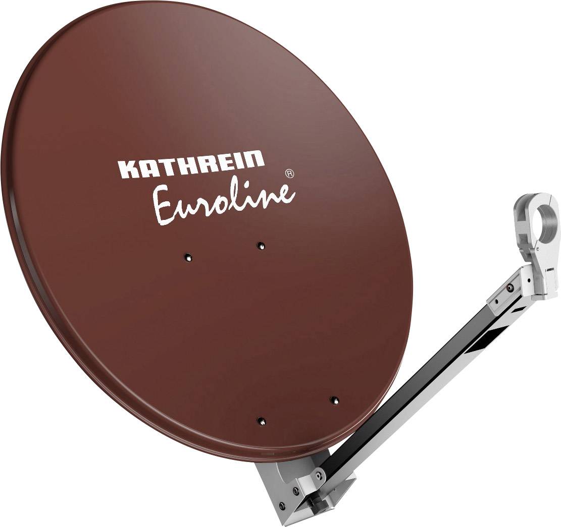 Un piatto satellitare marrone del marchio 'KATHREIN Euroline' con supporto, montabile su un muro o superfici simili.