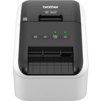 Un Brother QL-800 stampante per etichette con tasti di controllo e indicatori di stato sul davanti.