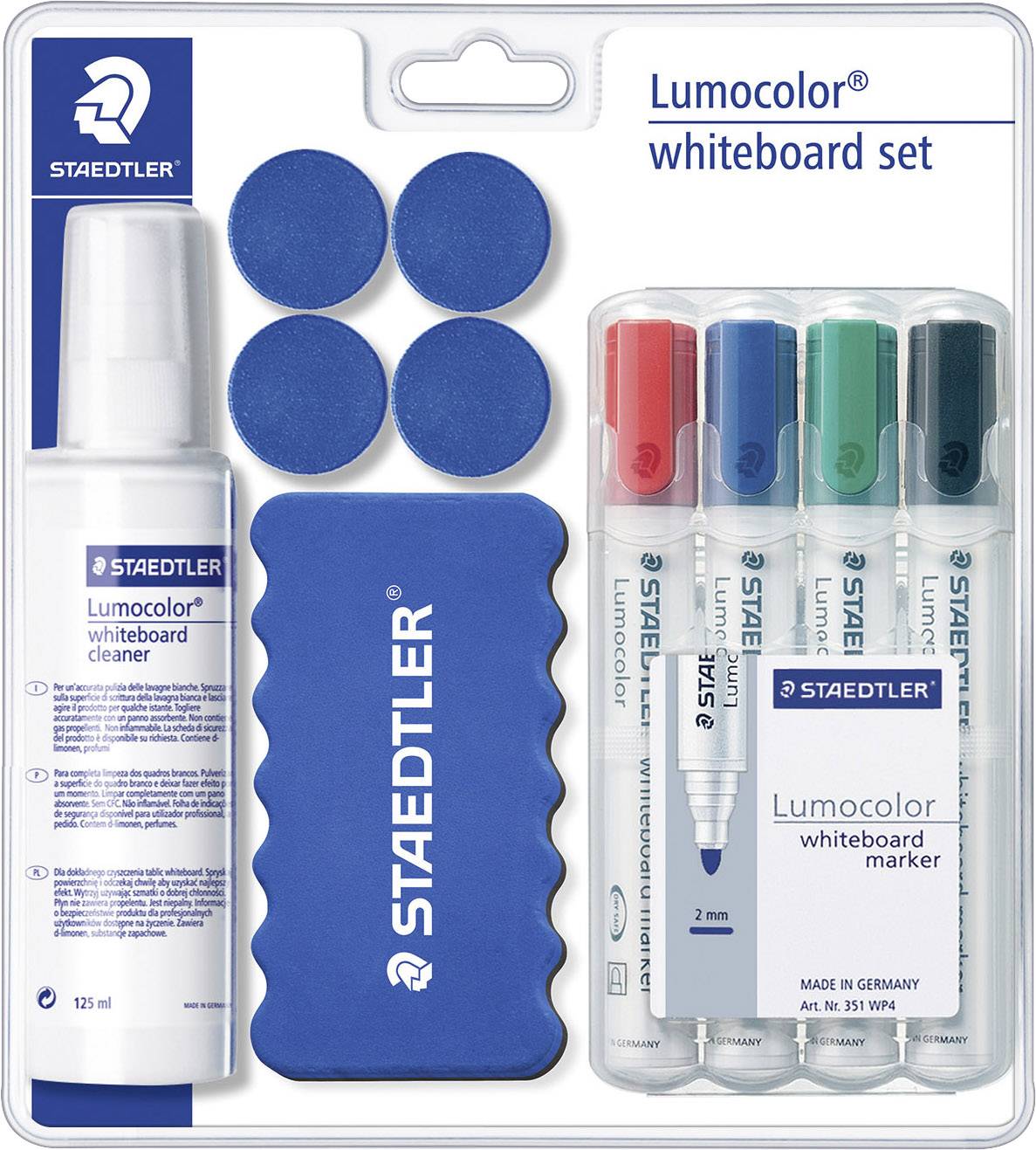 Set di lavagna Lumocolor composto da un detergente, quattro magneti rotondi, una spugna e quattro pennarelli colorati: rosso, blu, verde, nero.
