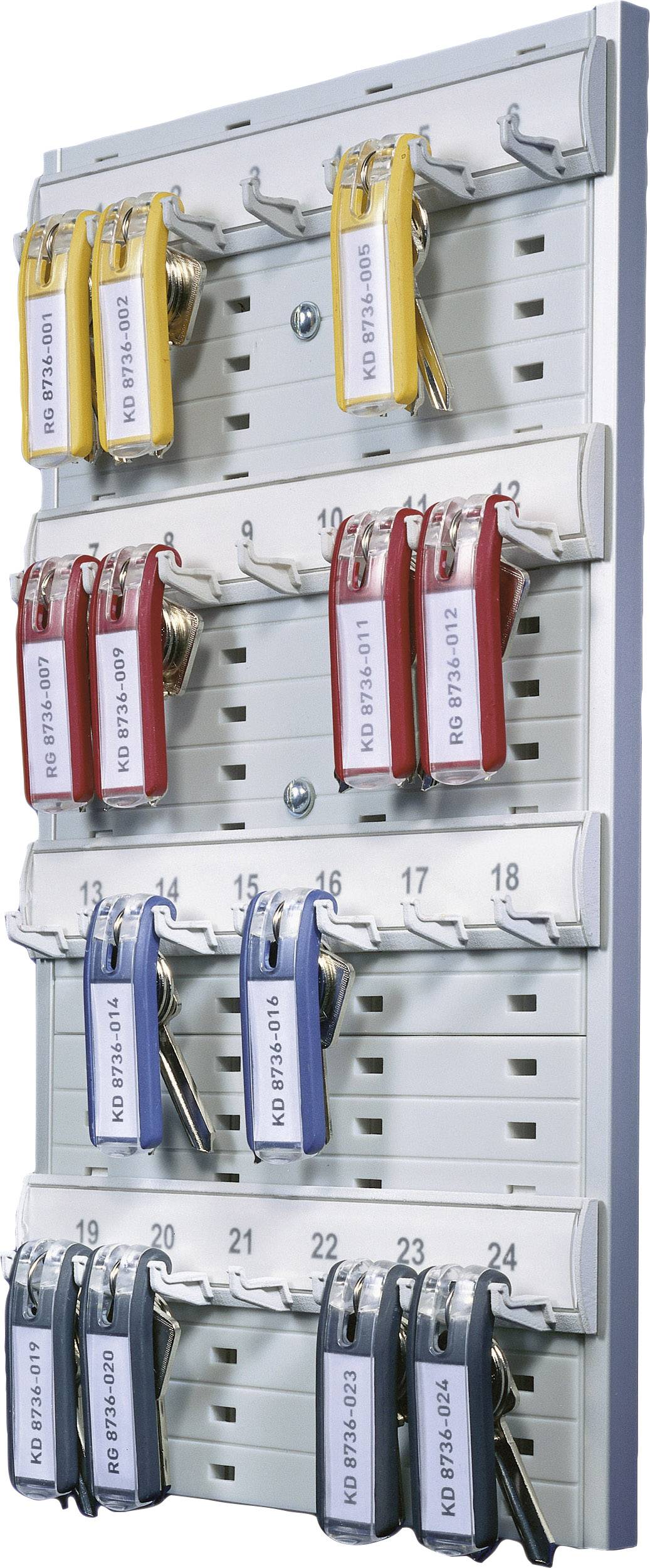 Bacheca portachiavi numerata con ganci, su cui sono appesi diversi mazzetti di chiavi con portachiavi colorati. Sistema per la gestione organizzata delle chiavi.