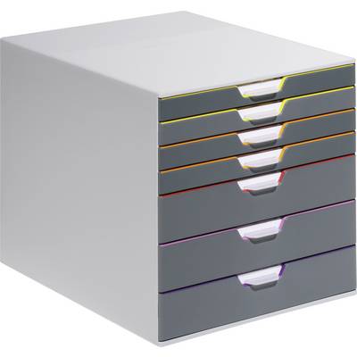 Un blocco cassetti impilabile con otto cassetti contrassegnati da colori diversi, adatto per uffici e per un'archiviazione organizzata.
