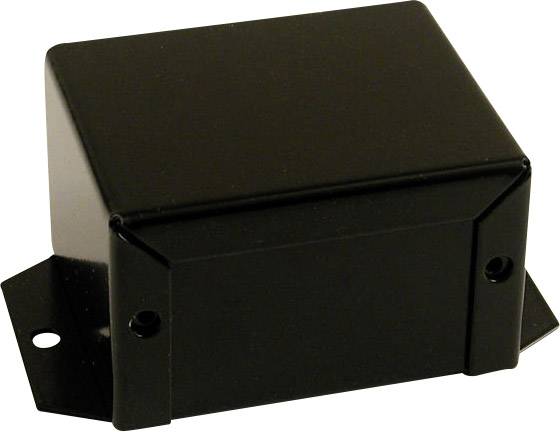 Contenitore metallico nero rettangolare con due fori di fissaggio sui lati.