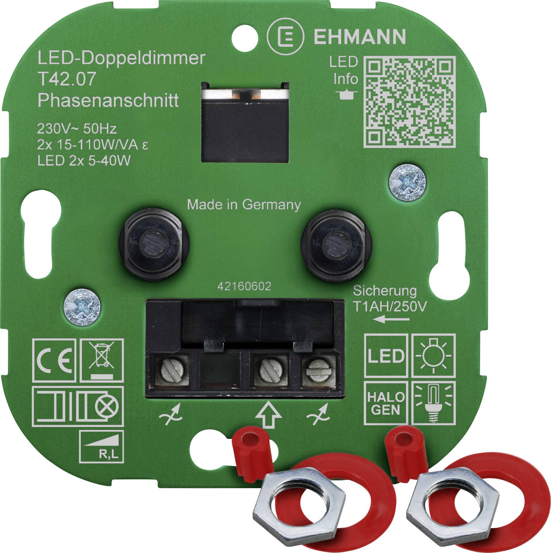 'Dimmer doppio LED T42.07 di EHMANN' con codice QR. Funzionamento con 230V, 50Hz. Due manopole di controllo. Prodotto in Germania.