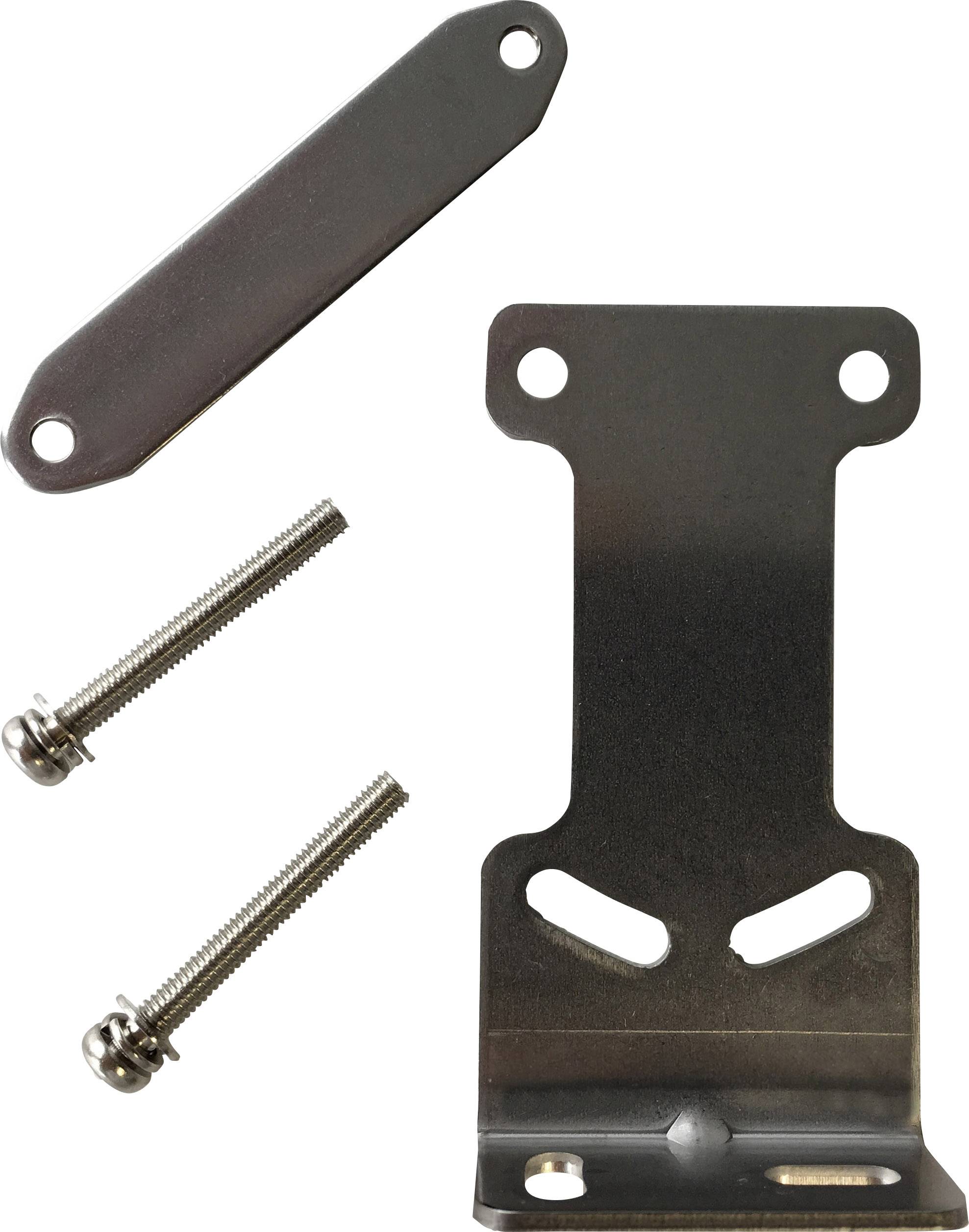 Set di supporto metallico composto da due viti, una lunga piastra metallica e un supporto ramificato, adatto per montaggi tecnici.