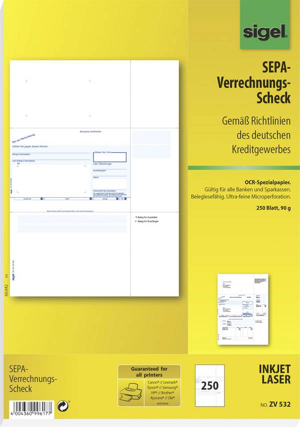 sigel Bankformular "PC-Verrechnungs-Scheck", A4 - für den Markt: D (ZV532)