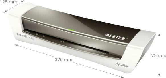 Un plastificatore Leitz A4, raffigurato con le seguenti dimensioni: larghezza 370 mm, profondità 125 mm, altezza 75 mm.