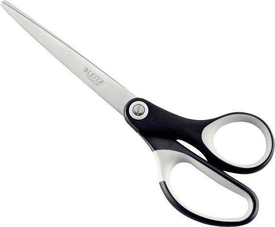 Forbici con manico nero, lame in acciaio inossidabile, leggermente aperte. Nome del marchio 'Leitz' sulla lama. Adatte per lavori d'ufficio.