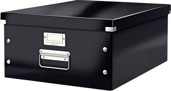 Una scatola per archivio nera con guarnizioni metalliche e un porta-etichette sul lato frontale, idonea per la conservazione di documenti.