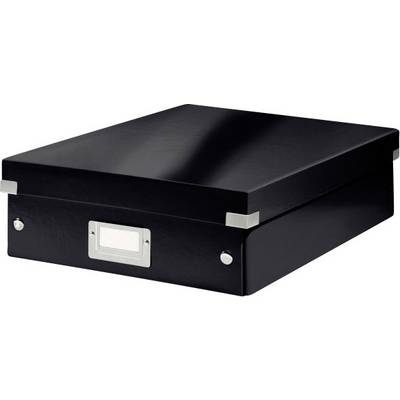 Una scatola per archivio nera con angoli metallici e un porta-etichette frontale, ideale per la conservazione di documenti.