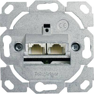'Presa di rete con due porte Ethernet, montata su una piastra metallica. Adatta per installazione a parete.'