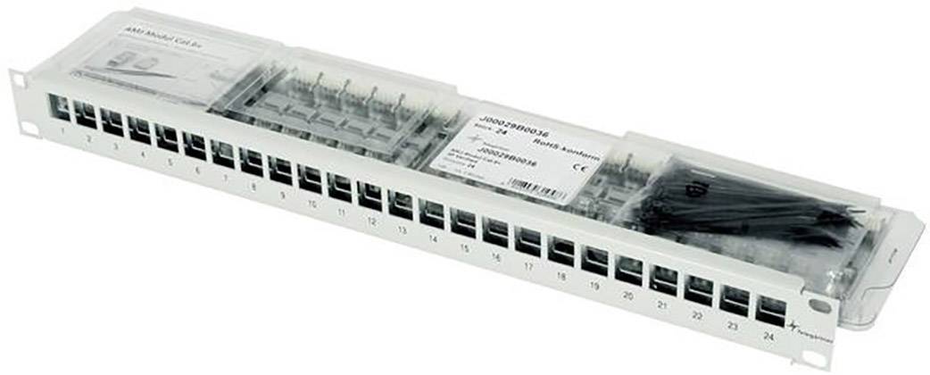 Patch panel da 24 porte, idoneo per cablaggio di rete. Informazioni su marca e modello visibili sull'etichetta.