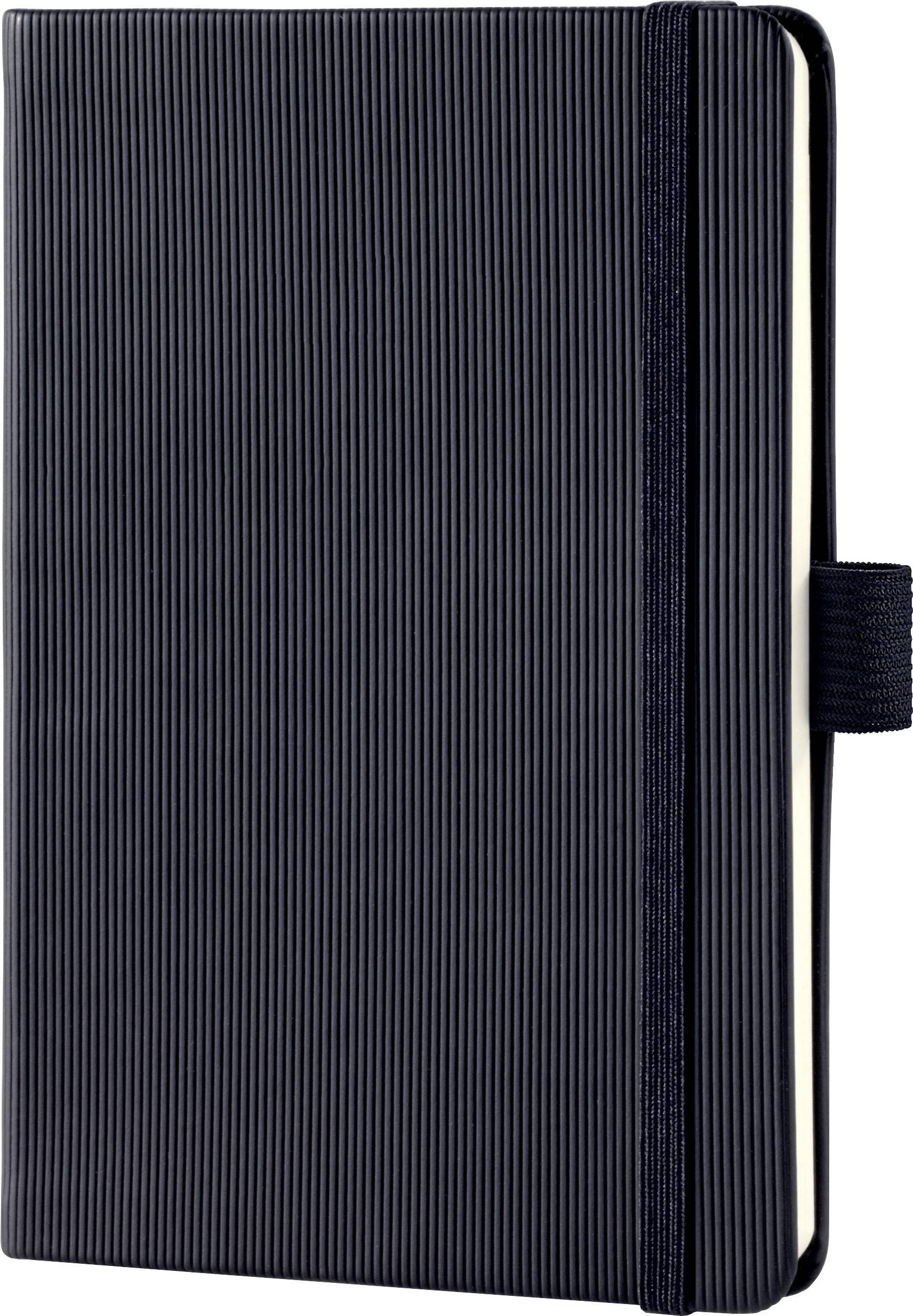 Quaderno nero a righe con chiusura elastica; mostrato chiuso.