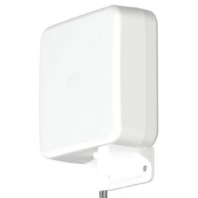 Antenna esterna bianca, rettangolare con bordi arrotondati, montata su un supporto. Adatta per dispositivi elettronici.