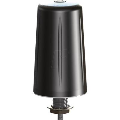 Un'antenna nera per veicoli con base filettata in argento, adatta per il montaggio su tetto o bagagliaio.