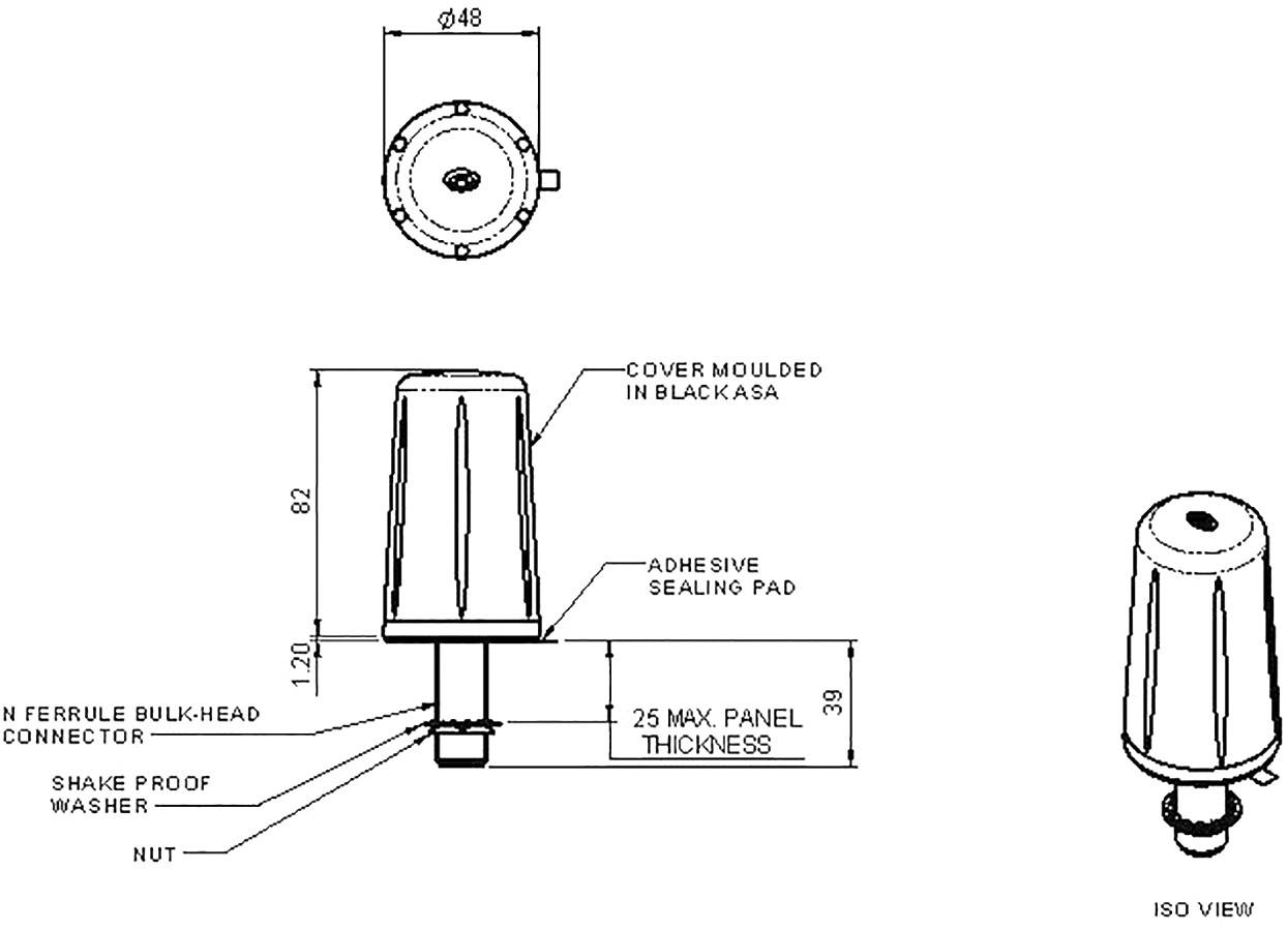Disegno tecnico di un connettore F a flangia con dimensioni e specifiche quali coperchio, pad di tenuta e filettatura.
