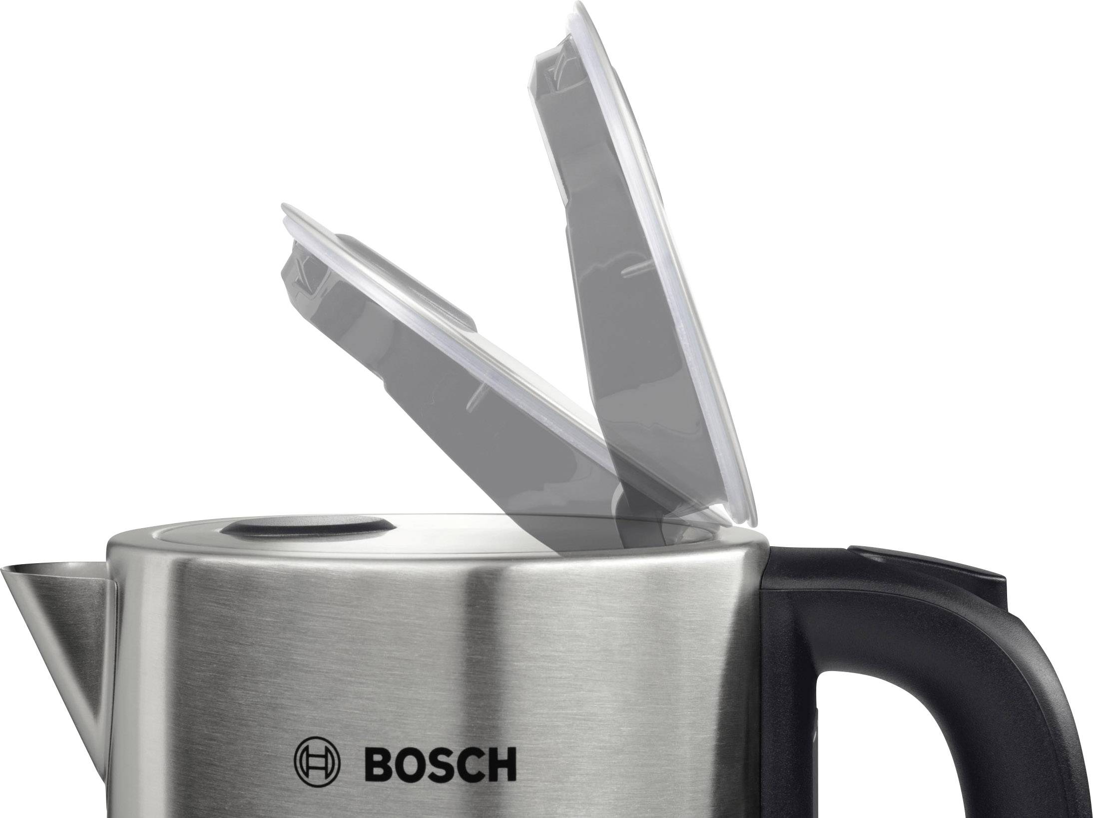 Bollitore elettrico in acciaio inossidabile con coperchio aperto. Marchio 'Bosch' visibile sul lato.