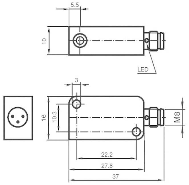 Disegno tecnico di un sensore rettangolare con dimensioni, indicatore LED e connettore M8. Rappresentazione delle viste laterale e frontale.