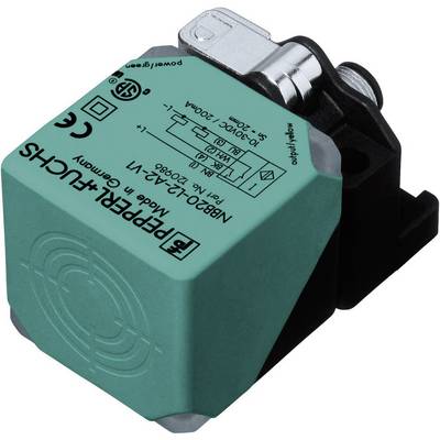 Un sensore di prossimità induttivo di Pepperl+Fuchs, modello NBB20-L2-A2-V1, verde, quadrato, rileva oggetti metallici senza contatto.