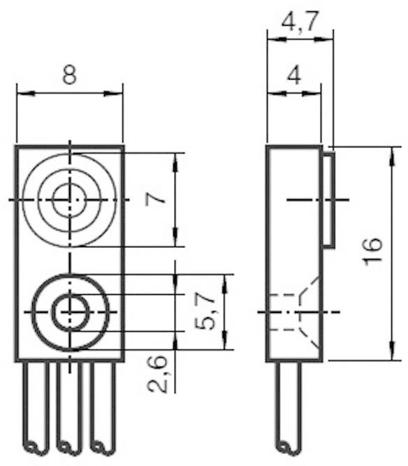 Disegno tecnico di un componente elettronico con dimensioni: larghezza 8 mm, altezza 16 mm, profondità 4,7 mm. Viste frontale e laterale.