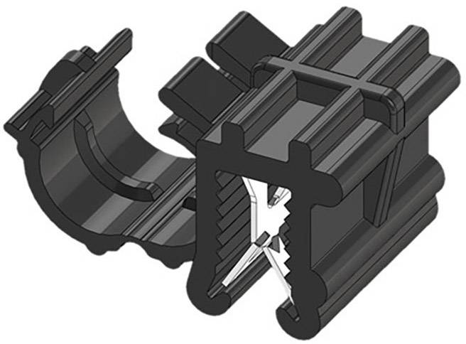 Parte in plastica nera divisa in due metà, con una metà aperta che mostra la dettagliata struttura interna. Componente tecnico ingegneristico.