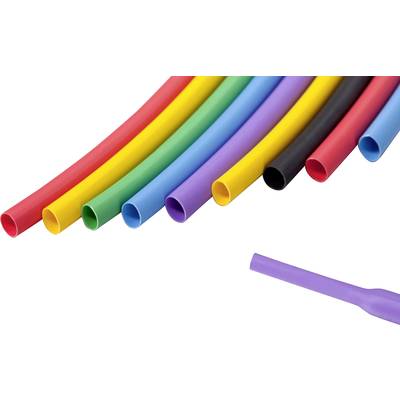 Tubi termorestringenti multicolori disposti in una configurazione curva su sfondo bianco, con un singolo tubo viola posto separatamente.