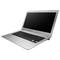 Laptop argentato visto di lato, con coperchio aperto, tastiera nera e schermo lucido.