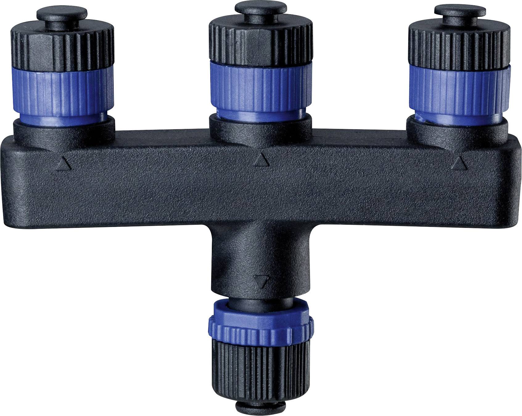 Un distributore nero a T con tre tappi di chiusura blu in alto e uno in basso, probabilmente per connessioni idriche.
