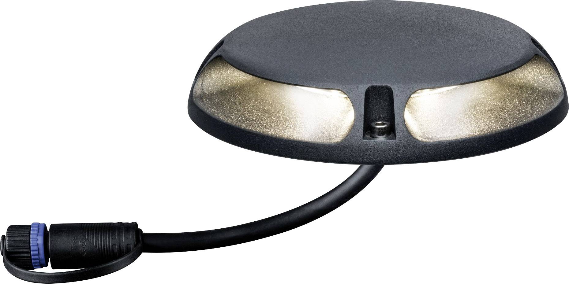 Plafoniera LED rotonda con involucro nero e due fori luminosi. Cavo di collegamento con spina blu sul lato.