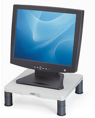 Un monitor LCD è posizionato su un supporto regolabile in altezza. Lo schermo mostra uno sfondo astratto di colore blu.