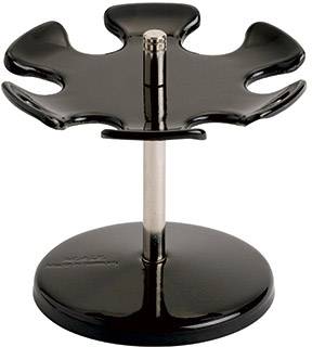 Porta rasoio nero in metallo con sei bracci curvi su una base rotonda. Progettato per conservare gli accessori per la rasatura.