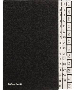 Calendario annuale nero con linguette divisorie per ogni mese da gennaio a dicembre, visibile di lato.