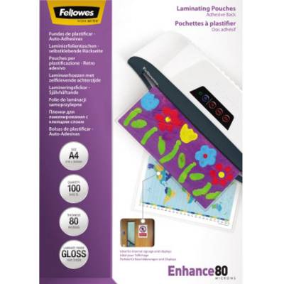 Macchina per plastificazione plastifica carta colorata con motivo floreale. A sinistra sono riportate le specifiche del prodotto: DIN A4, 100 buste, 80 micron, lucido.