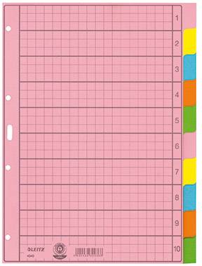 Cartella rosa con dieci divisori numerati e colorati; utilizzata per organizzare documenti all'interno di una cartella.