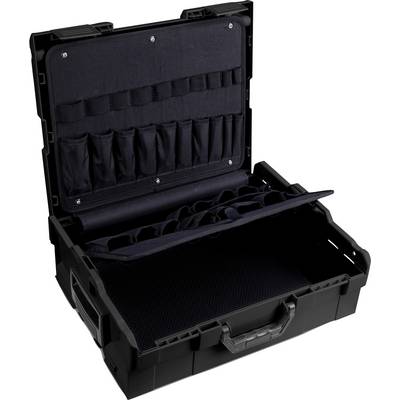 Un portautensili nero aperto con diversi scomparti, tasche per attrezzi nel coperchio e un ampio vano principale.