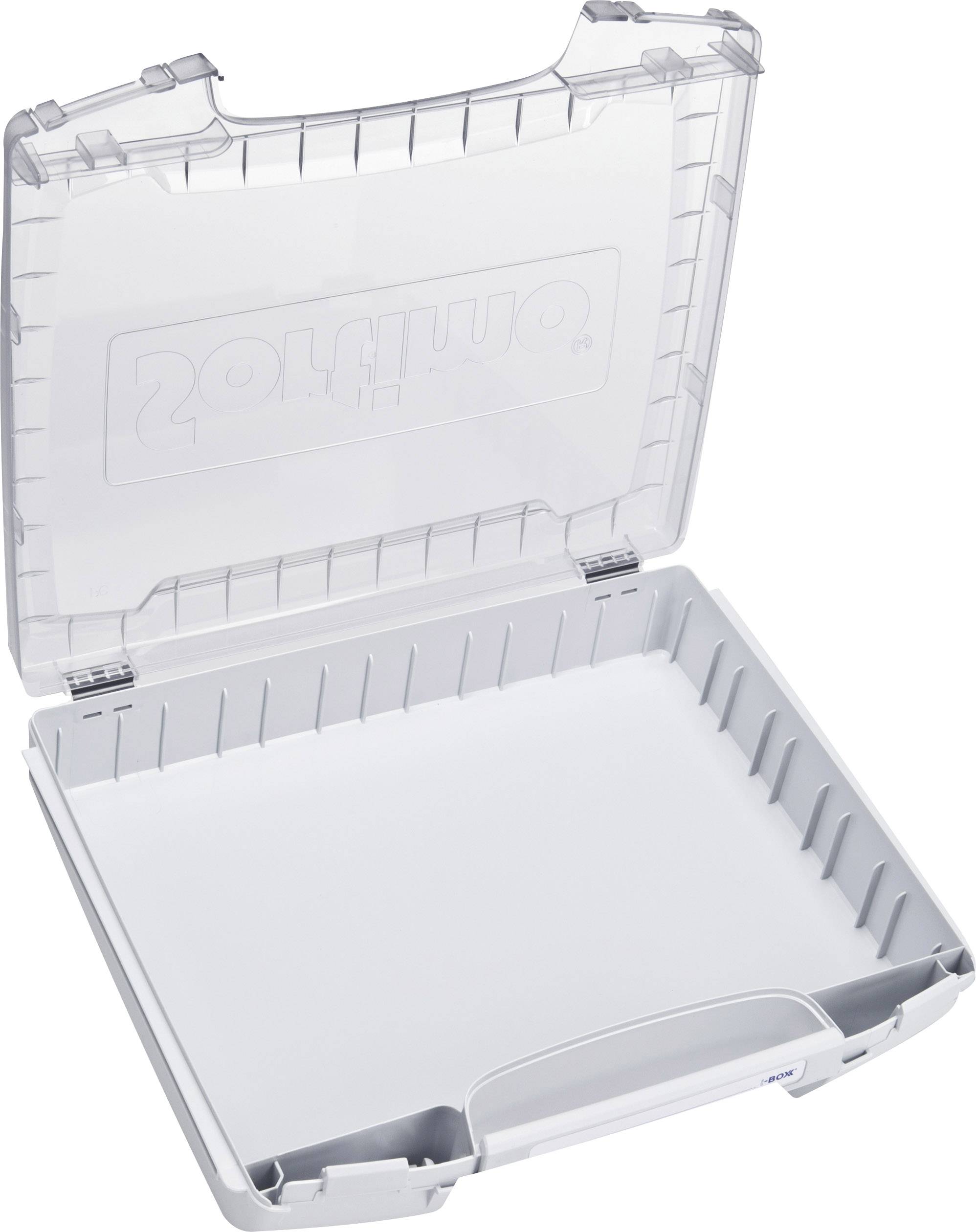 Un contenitore in plastica trasparente con coperchio aperto, adatto per conservare oggetti o utensili di piccole dimensioni.