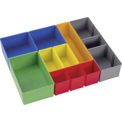 'Scatole portaoggetti multicolori di varie dimensioni, incastrate le une nelle altre. Colori: Blu, Verde, Giallo, Rosso, Grigio.'