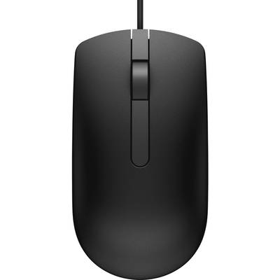 Mouse nera con cavo e rotellina di scorrimento, vista dall'alto con due tasti.