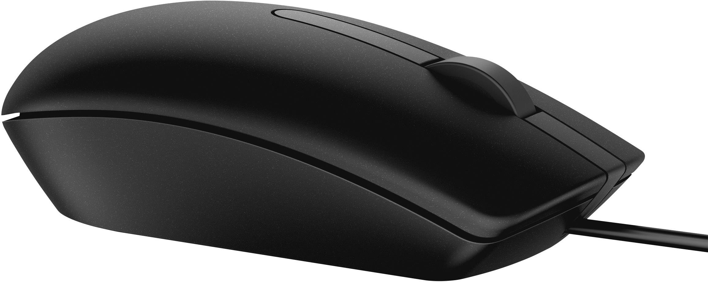 Un mouse per computer cablato nero con un design liscio e minimale, raffigurato di lato.