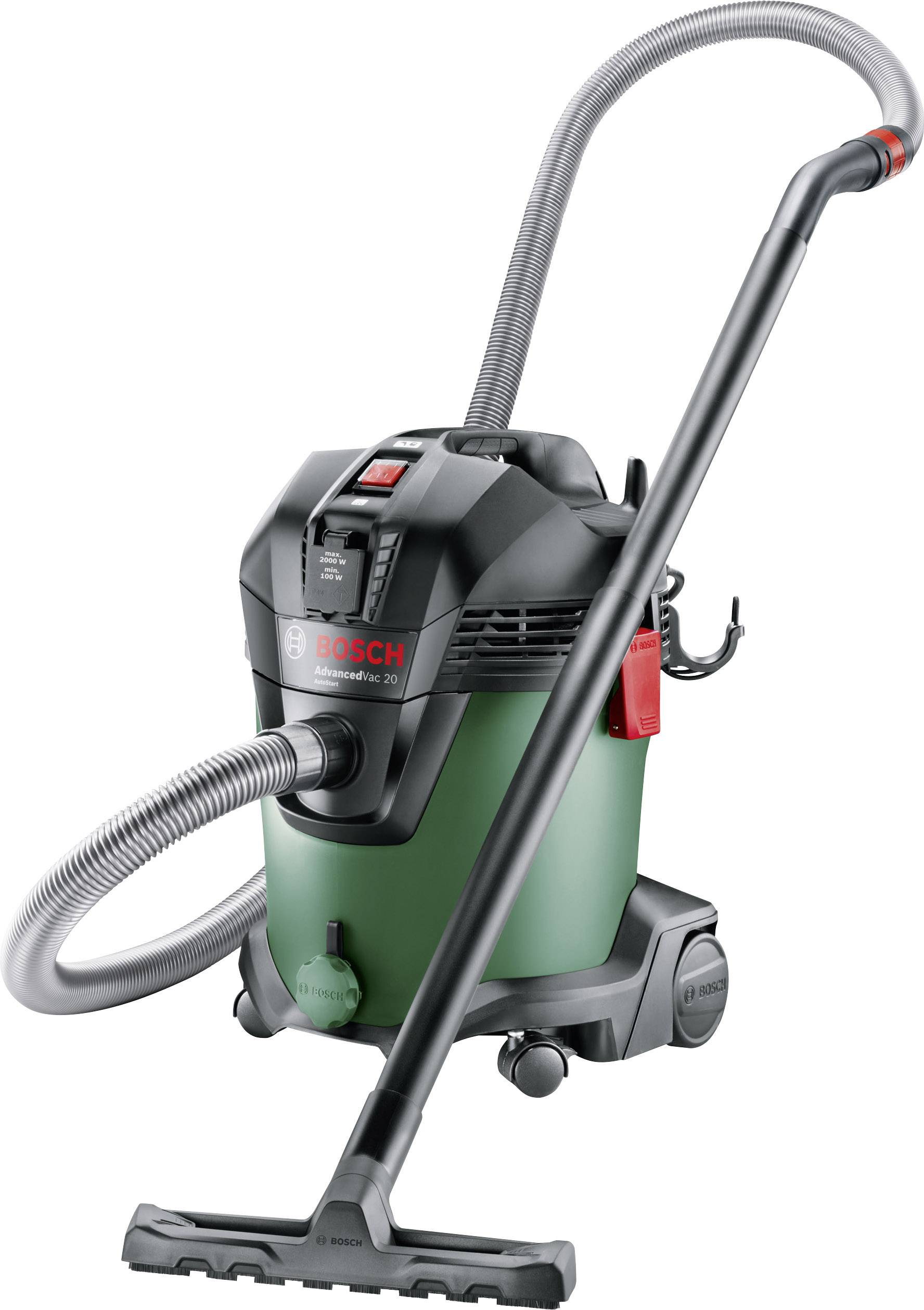 Un aspirapolvere verde Bosch con tubo nero e interruttore rosso, con numero di modello visibile. Adatto per la pulizia dei pavimenti.