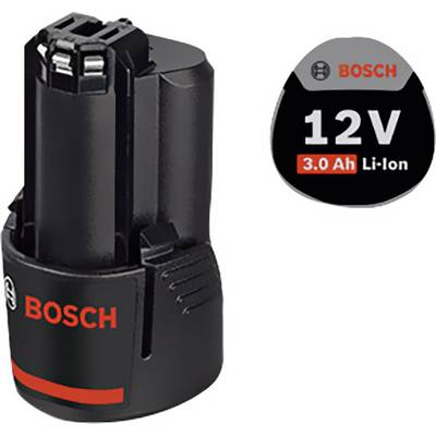 Batteria Bosch nera 12V 3.0 Ah Li-Ion, compatta e cilindrica, con logo Bosch rosso e informazioni tecniche sul lato.