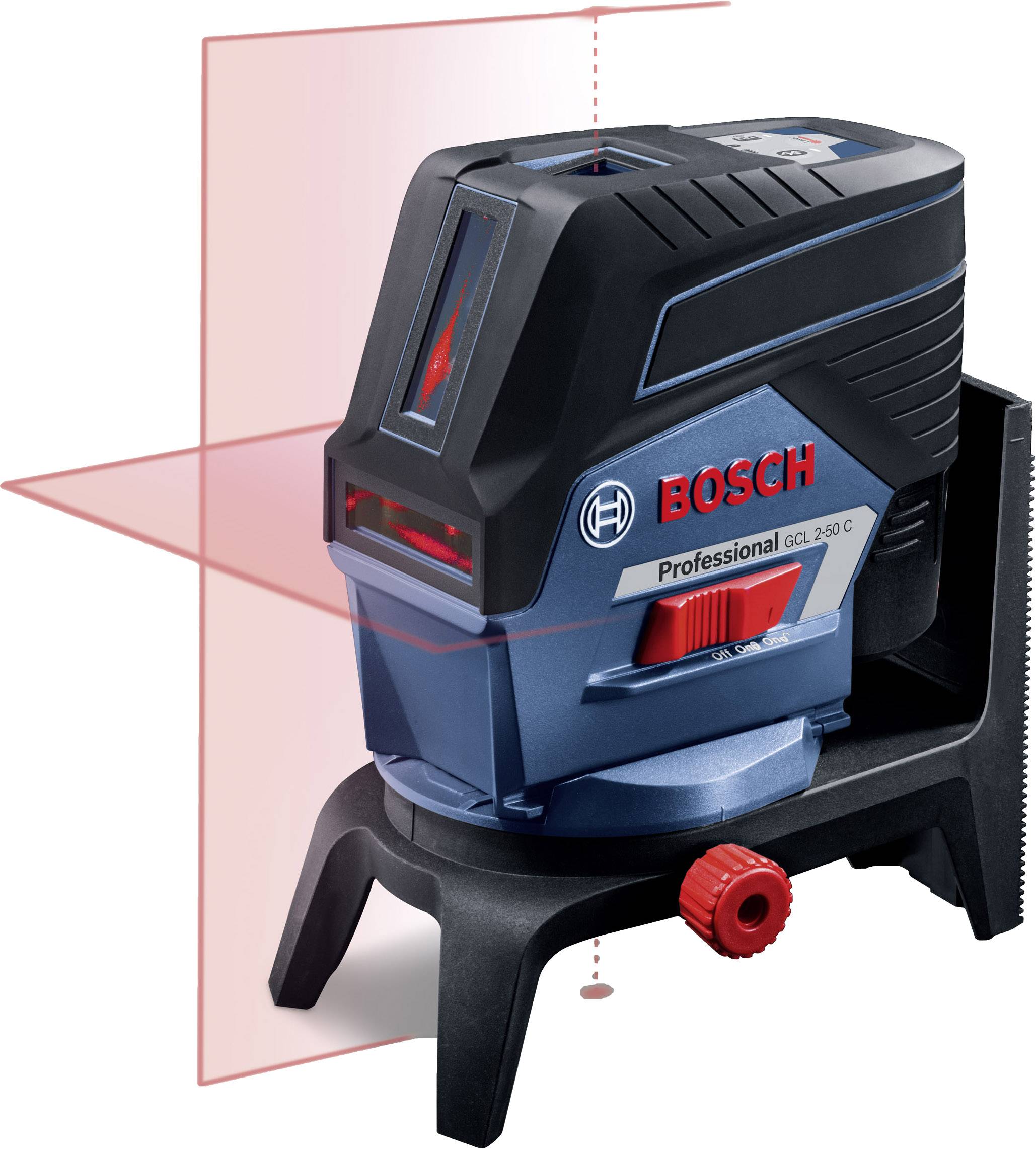 Laser a linee incrociate Bosch Professional GLL 2-50 G su supporto mostra linee laser rosse verticali e orizzontali per misurazioni precise.