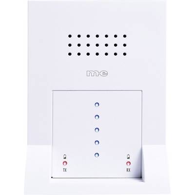 Un dispositivo elettrico con il logo 'me', una griglia per altoparlanti in alto e diversi indicatori LED blu e rossi sotto di essa.
