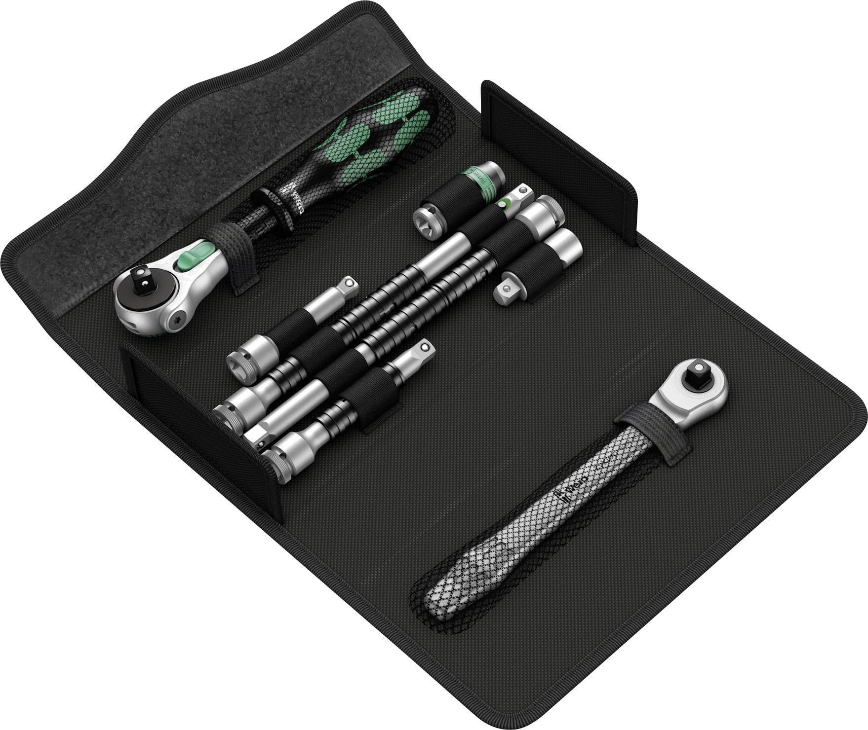 Un astuccio pieghevole con un set di utensili composto da un cricchetto, cacciaviti e prolunga. Contiene varie dimensioni di inserti.