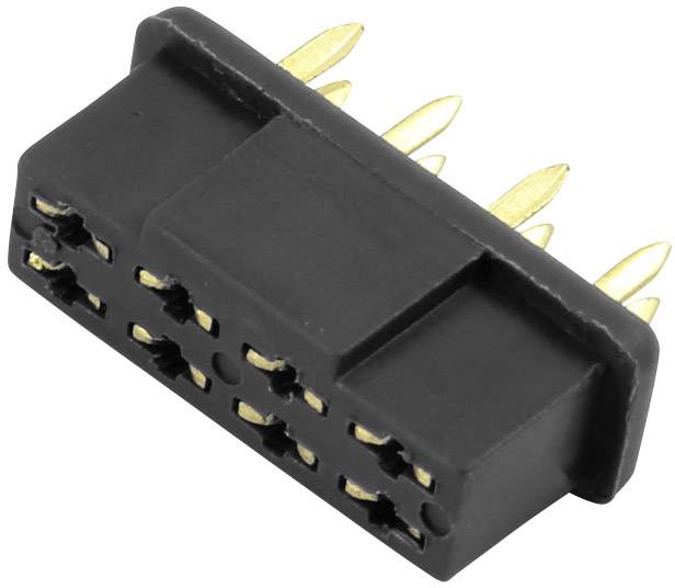 Connettore nero con sei pin dorati. Utilizzato per il collegamento elettrico in dispositivi tecnici.
