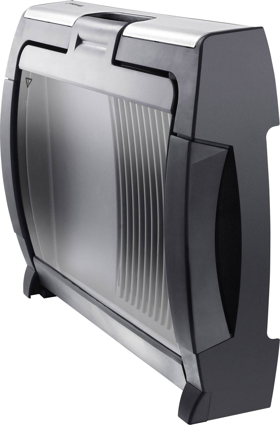 Un purificatore d'aria nero, rettangolare con design curvo e fessure di ventilazione è posizionato su una superficie chiara.