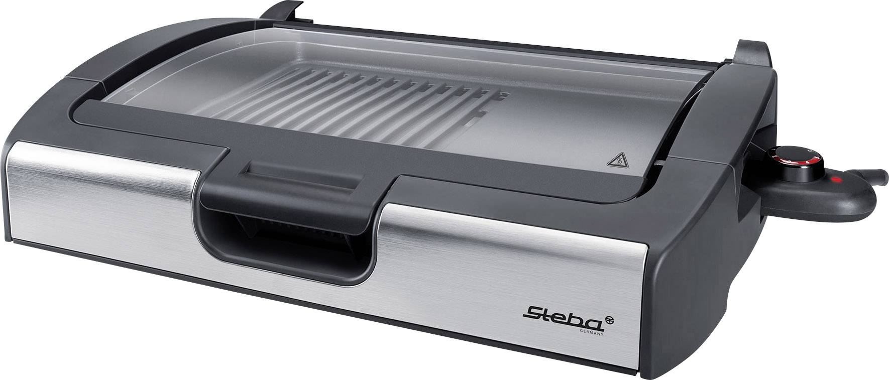 Un grill da tavolo elettrico in acciaio inox con piastra rimovibile e termostato regolabile. Ideale per grigliare all'interno.