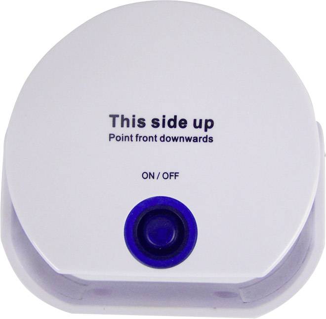 Dispositivo elettronico bianco con tasto blu e scritta 'This side up'.