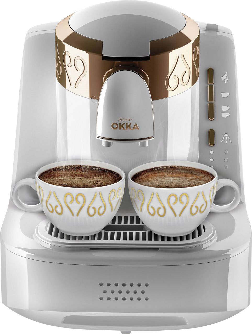 Macchina da caffè con due tazze di caffè appena preparato, cremoso. Dispositivo dal design moderno con decorazioni dorate.